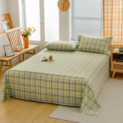 柠萌家居 2023最新无印良品风格A类全棉色织水洗棉单床单 简爱黄格
