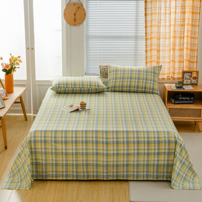 91家纺网 家纺一手货源 找家纺 柠萌家居 2023最新无印良品风格A类全棉色织水洗棉单床单 简爱黄格