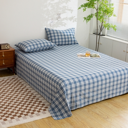 柠萌家居 2023最新无印良品风格A类全棉色织水洗棉单床单 卡洛-蓝