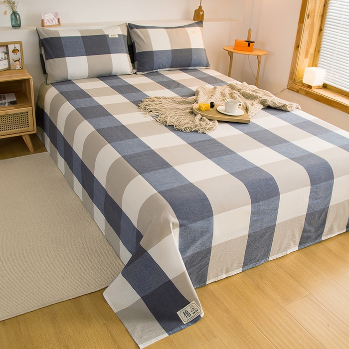 91家纺网 家纺一手货源 找家纺 柠萌家居 2023最新无印良品风格A类全棉色织水洗棉单床单 蓝大格