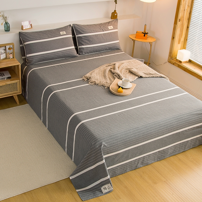 91家纺网 家纺一手货源 找家纺 柠萌家居 2023最新无印良品风格A类全棉色织水洗棉单床单 宽双线冷灰