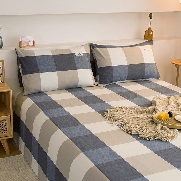 91家纺网 家纺一手货源 找家纺 柠萌家居 2023最新无印良品风格A类全棉色织水洗棉单床单 蓝大格