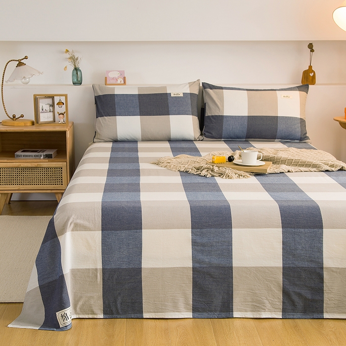 91家纺网 家纺一手货源 找家纺 柠萌家居 2023最新无印良品风格A类全棉色织水洗棉单床单 蓝大格