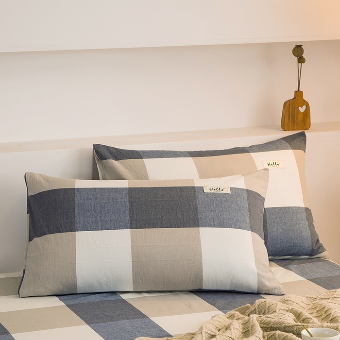 91家纺网 家纺一手货源 找家纺 柠萌家居 2023最新无印良品风格A类全棉色织水洗棉单床单 蓝大格