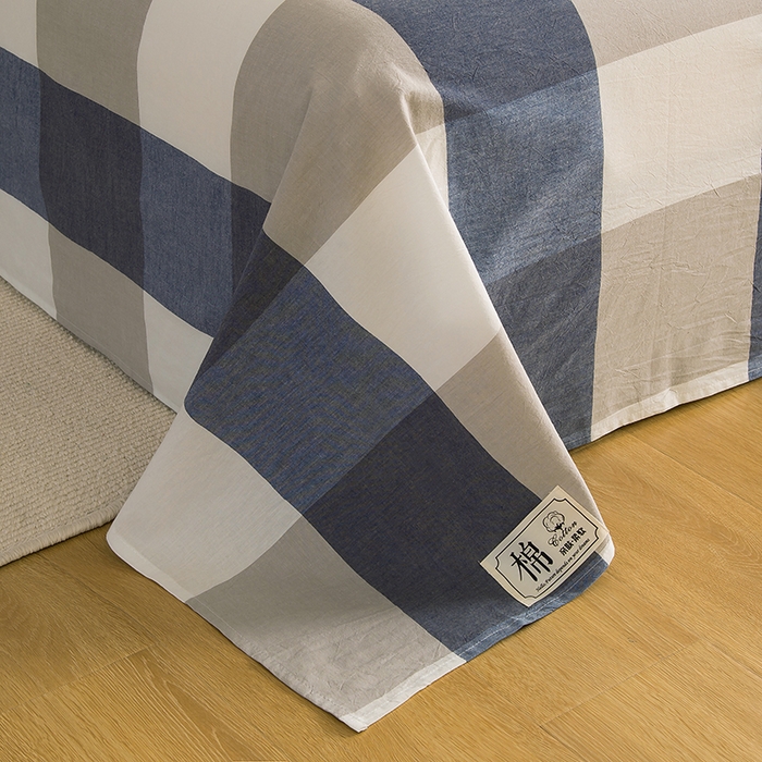 91家纺网 家纺一手货源 找家纺 柠萌家居 2023最新无印良品风格A类全棉色织水洗棉单床单 蓝大格