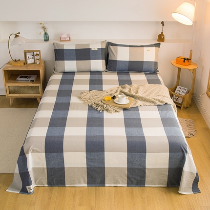 柠萌家居 2023最新无印良品风格A类全棉色织水洗棉单床单 蓝大格