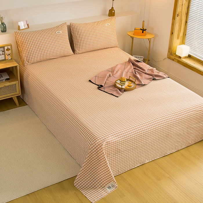 91家纺网 家纺一手货源 找家纺 柠萌家居 2023最新无印良品风格A类全棉色织水洗棉单床单 蜜粉小格