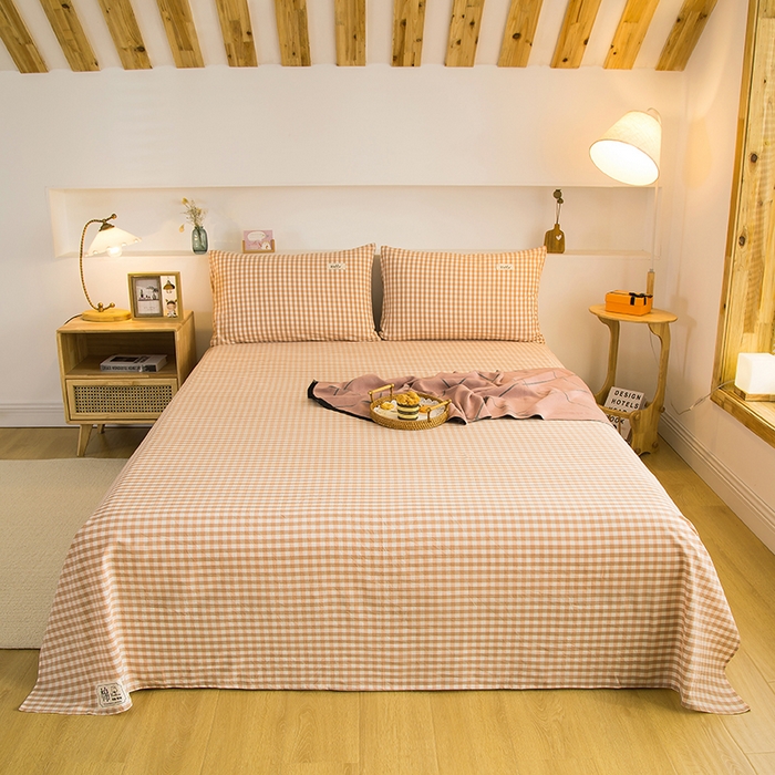 91家纺网 家纺一手货源 找家纺 柠萌家居 2023最新无印良品风格A类全棉色织水洗棉单床单 蜜粉小格