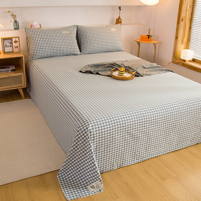 91家纺网 家纺一手货源 找家纺 柠萌家居 2023最新无印良品风格A类全棉色织水洗棉单床单 浅蓝小格