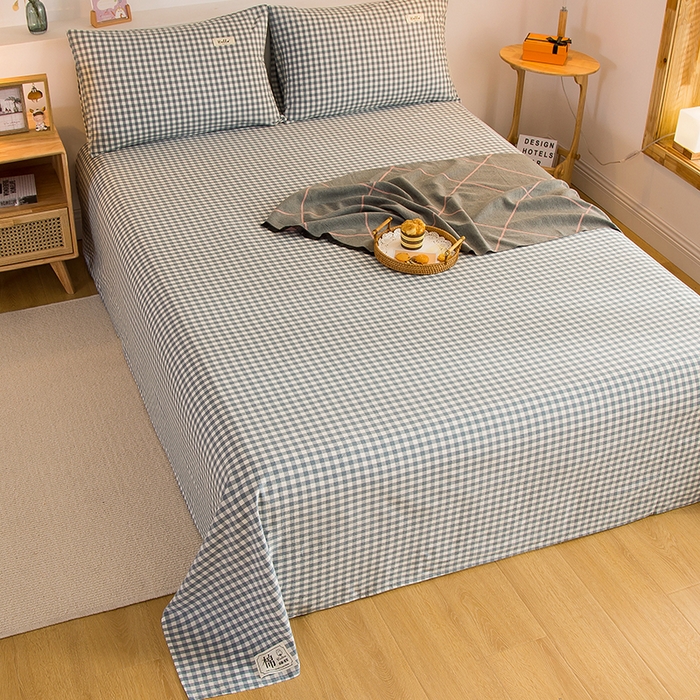 91家纺网 家纺一手货源 找家纺 柠萌家居 2023最新无印良品风格A类全棉色织水洗棉单床单 浅蓝小格