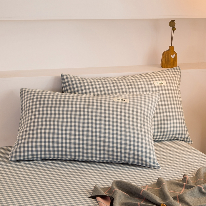 91家纺网 家纺一手货源 找家纺 柠萌家居 2023最新无印良品风格A类全棉色织水洗棉单床单 浅蓝小格