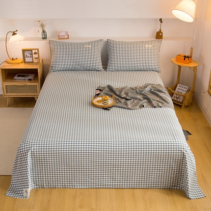 柠萌家居 2023最新无印良品风格A类全棉色织水洗棉单床单 浅蓝小格