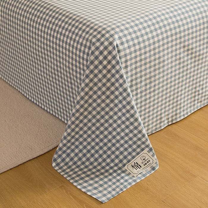 91家纺网 家纺一手货源 找家纺 柠萌家居 2023最新无印良品风格A类全棉色织水洗棉单床单 浅蓝小格