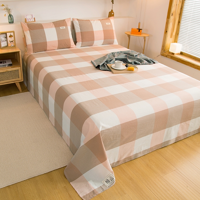 91家纺网 家纺一手货源 找家纺 柠萌家居 2023最新无印良品风格A类全棉色织水洗棉单床单 玉大格