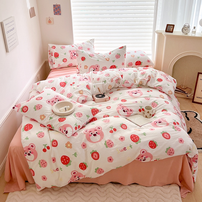 91家纺网 家纺一手货源 找家纺 芷凡 2023新款A类双层纱水洗棉麻茶萃棉四件套 草莓蛋糕