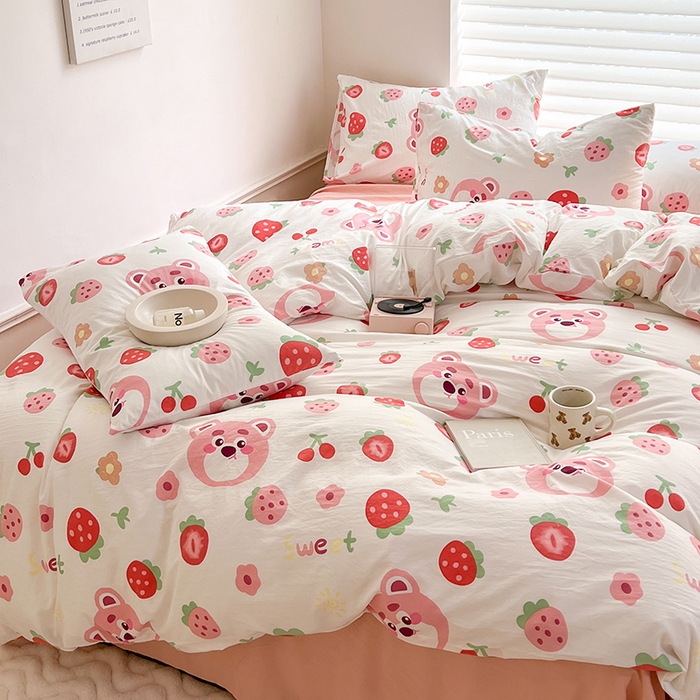 91家纺网 家纺一手货源 找家纺 芷凡 2023新款A类双层纱水洗棉麻茶萃棉四件套 草莓蛋糕