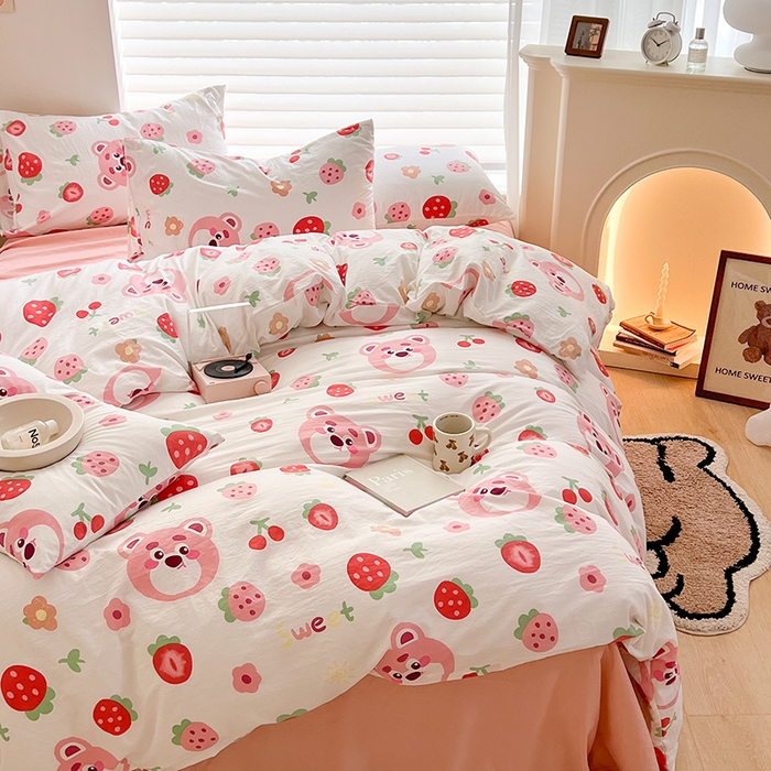 91家纺网 家纺一手货源 找家纺 芷凡 2023新款A类双层纱水洗棉麻茶萃棉四件套 草莓蛋糕