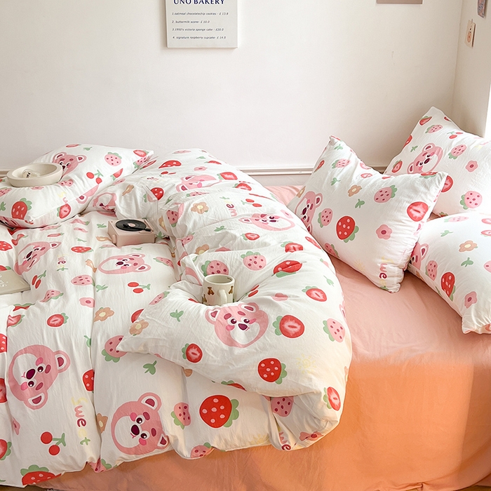 91家纺网 家纺一手货源 找家纺 芷凡 2023新款A类双层纱水洗棉麻茶萃棉四件套 草莓蛋糕