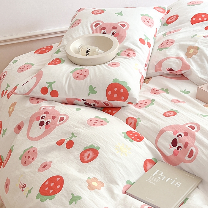 91家纺网 家纺一手货源 找家纺 芷凡 2023新款A类双层纱水洗棉麻茶萃棉四件套 草莓蛋糕