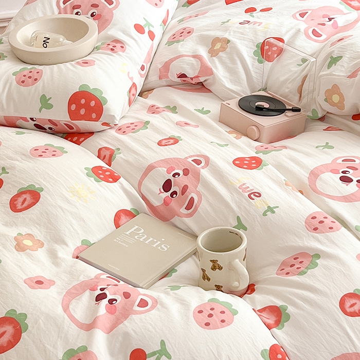 91家纺网 家纺一手货源 找家纺 芷凡 2023新款A类双层纱水洗棉麻茶萃棉四件套 草莓蛋糕