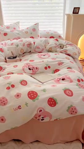 91家纺网 家纺一手货源 找家纺 芷凡 2023新款A类双层纱水洗棉麻茶萃棉四件套 草莓蛋糕