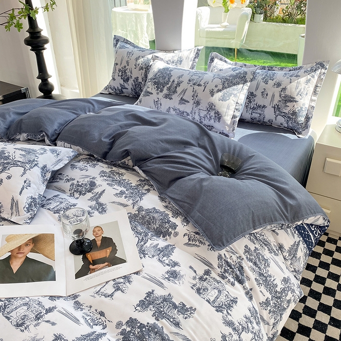 91家纺网 家纺一手货源 找家纺 妖妖家纺 2023铂金高克重植物羊绒130克斜纹印花四件套 观雅