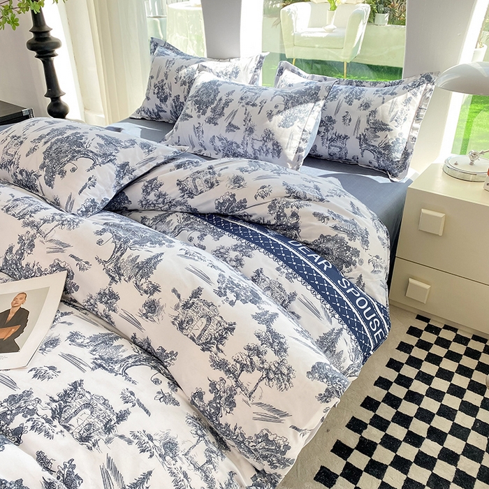 91家纺网 家纺一手货源 找家纺 妖妖家纺 2023铂金高克重植物羊绒130克斜纹印花四件套 观雅