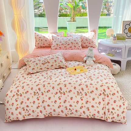 妖妖家纺 2023铂金高克重植物羊绒130克斜纹印花四件套 兔兔花园