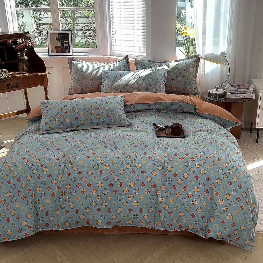 91家纺网 家纺一手货源 找家纺 妖妖家纺 2023铂金高克重植物羊绒130克斜纹印花四件套 芙拉