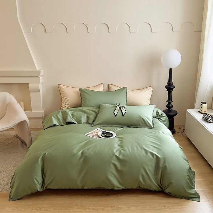 91家纺网 家纺一手货源 找家纺 怡家居2023新款100支长绒棉贝壳针四件套 橄榄绿