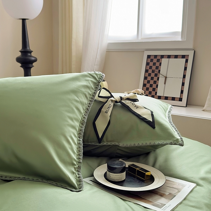 91家纺网 家纺一手货源 找家纺 怡家居2023新款100支长绒棉贝壳针四件套 橄榄绿