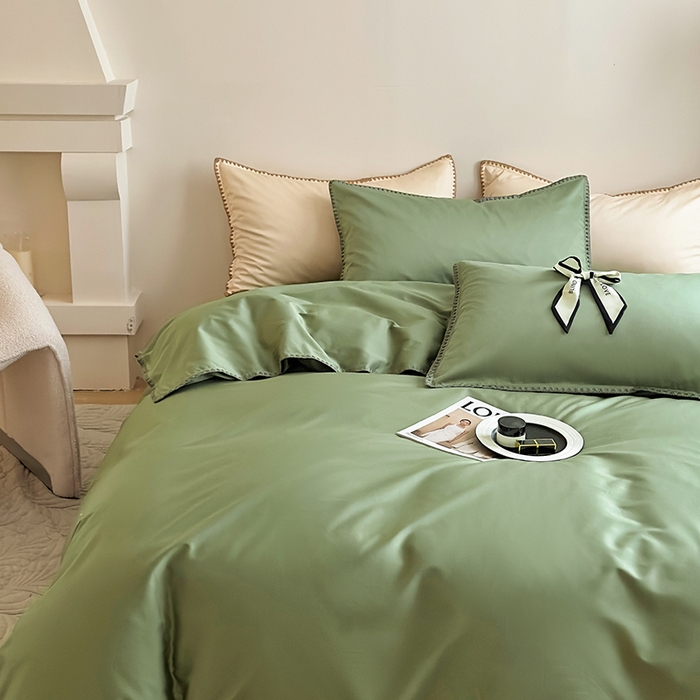 91家纺网 家纺一手货源 找家纺 怡家居2023新款100支长绒棉贝壳针四件套 橄榄绿