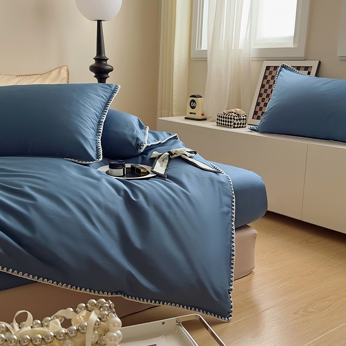 91家纺网 家纺一手货源 找家纺 怡家居2023新款100支长绒棉贝壳针四件套 梦幻蓝