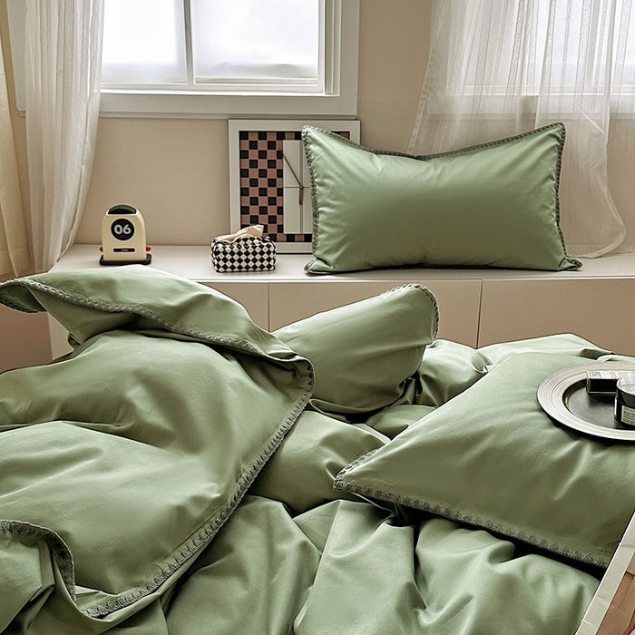 91家纺网 家纺一手货源 找家纺 怡家居2023新款100支长绒棉贝壳针四件套 橄榄绿