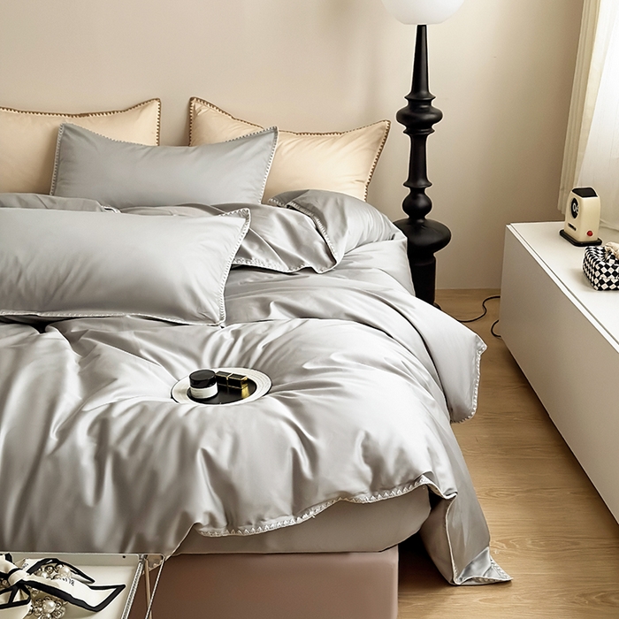 91家纺网 家纺一手货源 找家纺 怡家居2023新款100支长绒棉贝壳针四件套 摩登灰