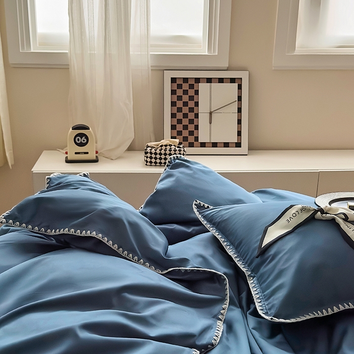 91家纺网 家纺一手货源 找家纺 怡家居2023新款100支长绒棉贝壳针四件套 梦幻蓝