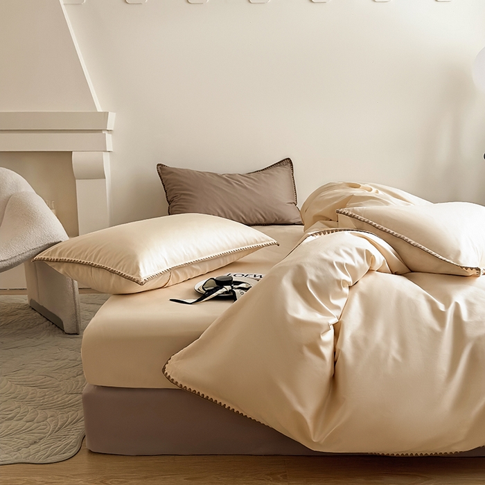 91家纺网 家纺一手货源 找家纺 怡家居2023新款100支长绒棉贝壳针四件套 奶茶色