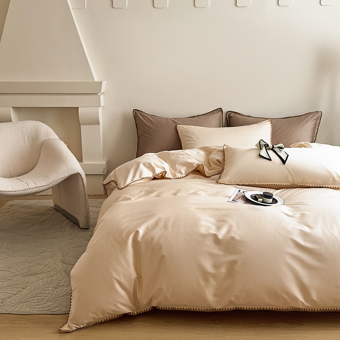 91家纺网 家纺一手货源 找家纺 怡家居2023新款100支长绒棉贝壳针四件套 奶茶色