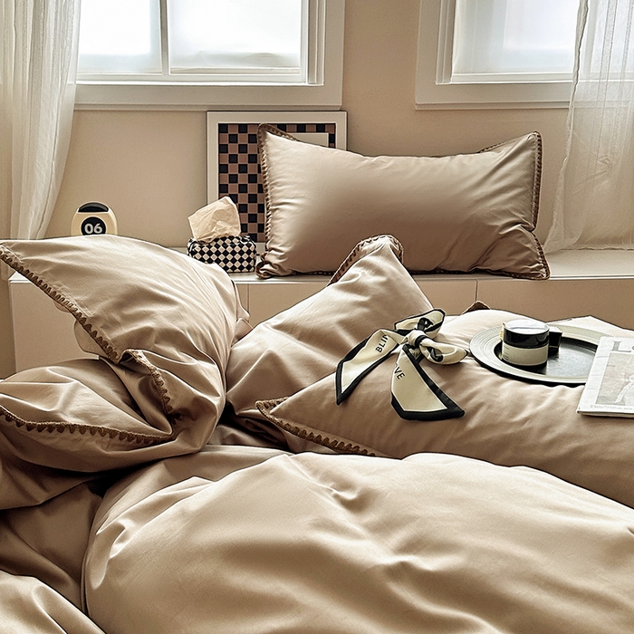 91家纺网 家纺一手货源 找家纺 怡家居2023新款100支长绒棉贝壳针四件套 亚麻咖