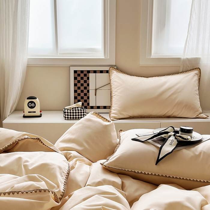 91家纺网 家纺一手货源 找家纺 怡家居2023新款100支长绒棉贝壳针四件套 奶茶色