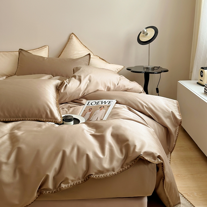 91家纺网 家纺一手货源 找家纺 怡家居2023新款100支长绒棉贝壳针四件套 亚麻咖