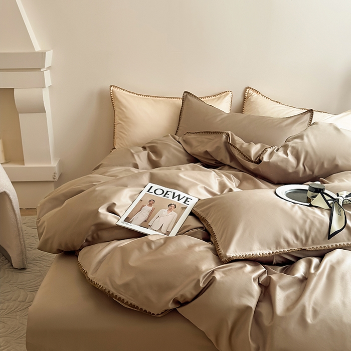 91家纺网 家纺一手货源 找家纺 怡家居2023新款100支长绒棉贝壳针四件套 亚麻咖