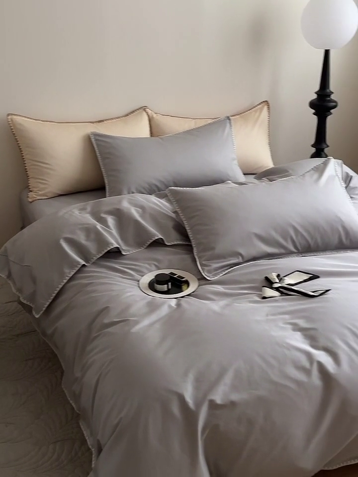 91家纺网 家纺一手货源 找家纺 怡家居2023新款100支长绒棉贝壳针四件套 摩登灰