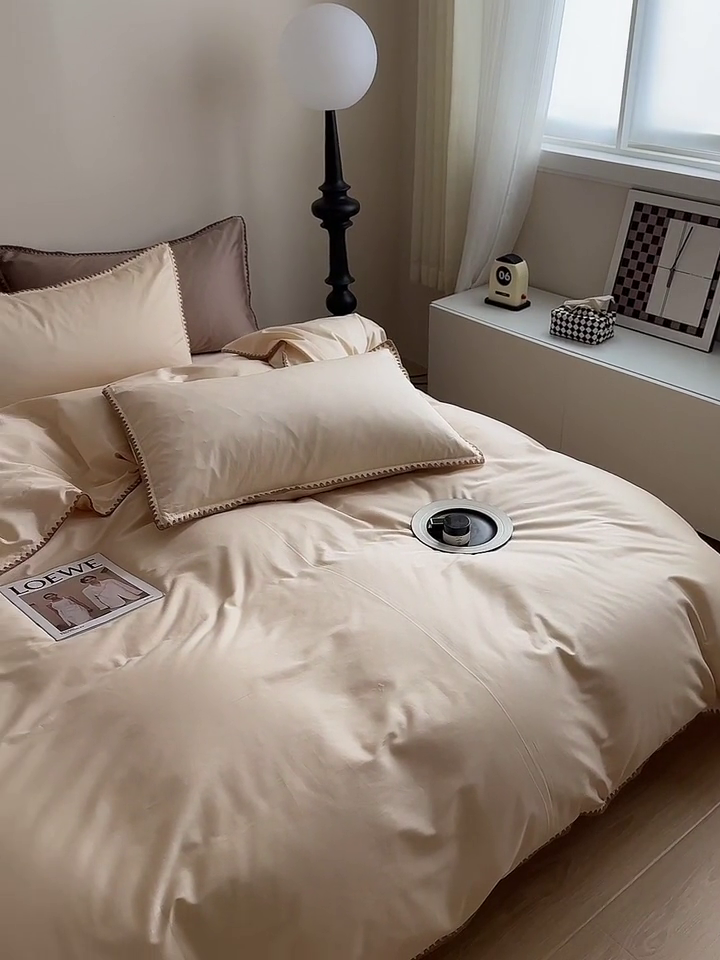 91家纺网 家纺一手货源 找家纺 怡家居2023新款100支长绒棉贝壳针四件套 奶茶色