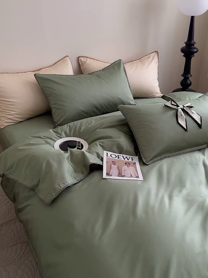 91家纺网 家纺一手货源 找家纺 怡家居2023新款100支长绒棉贝壳针四件套 橄榄绿