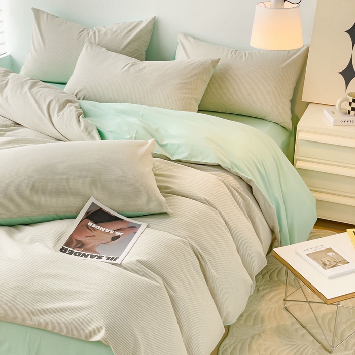 91家纺网 家纺一手货源 找家纺 金丝鸟 2023新款全棉水洗棉简单款条纹系列 简约条纹 湖水绿