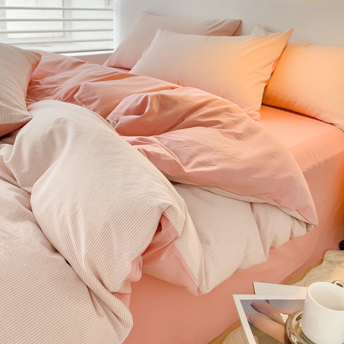 91家纺网 家纺一手货源 找家纺 金丝鸟 2023新款全棉水洗棉简单款条纹系列 简约条纹 粉