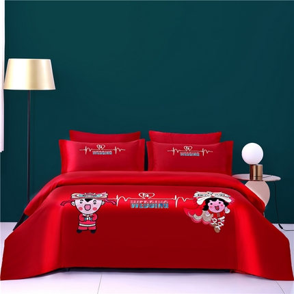 91家纺网 家纺一手货源 找家纺 2025新款亲肤棉绣花刺绣婚庆四件套 萌狮报喜