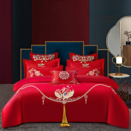 91家纺网 家纺一手货源 找家纺 2025新款亲肤棉绣花刺绣婚庆四件套 禧之恋