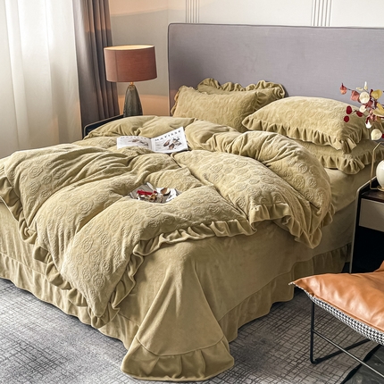 野合家纺 2024新款牛奶绒雕花绒四件套韩版花边绒套件 香茶花-R17